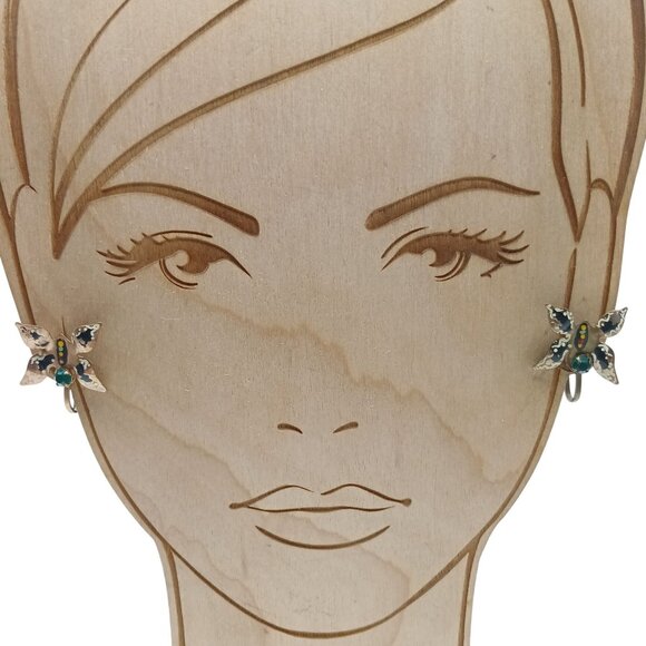 Vintage Screw Back Butterfly Earrings with Green Stone & Enamel Detailing - Picture 1 of 4